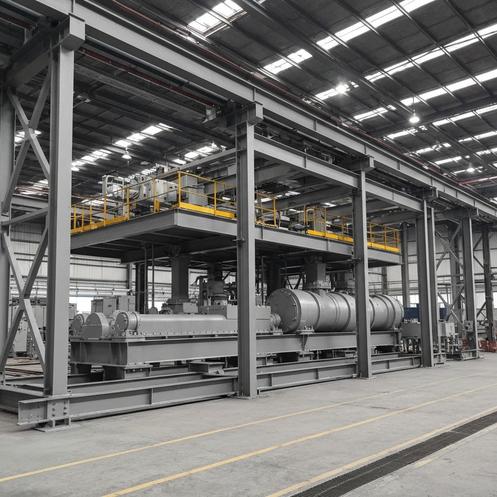Freshly painted industrial steel structures and machinery