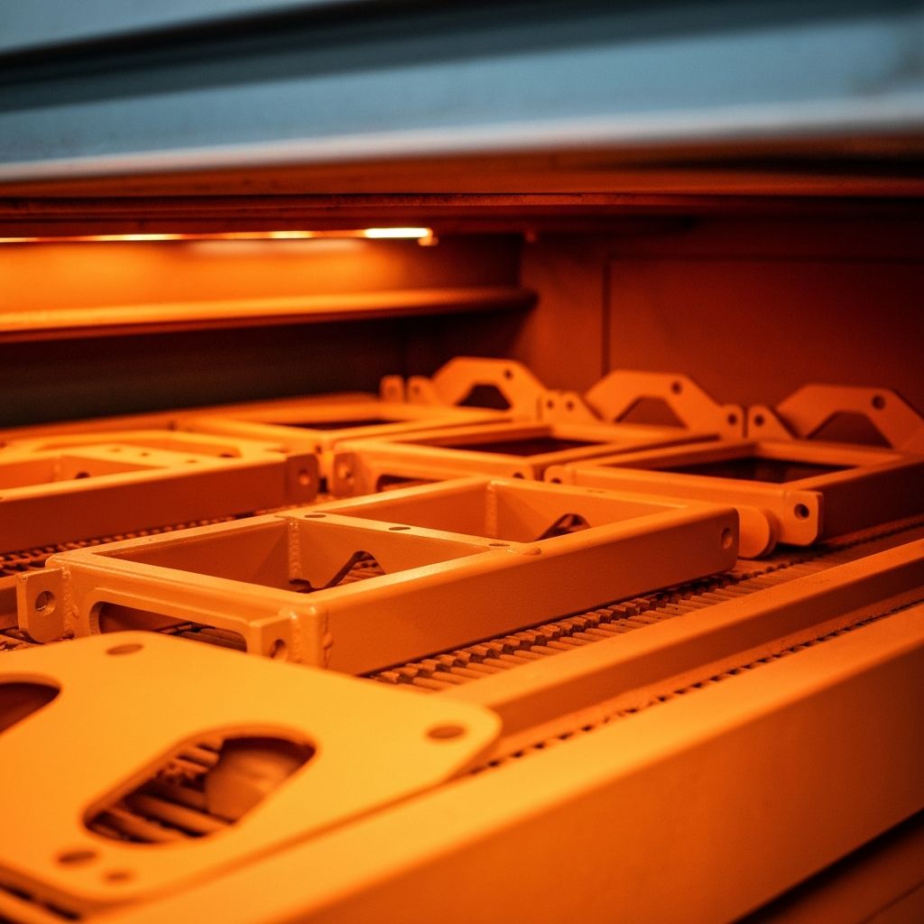 Metal parts with a vibrant powder coat finish in an industrial oven