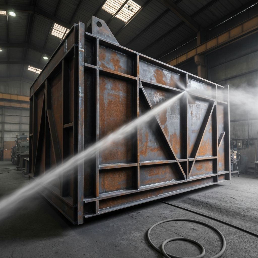 Industrial sandblasting process on a metal surface